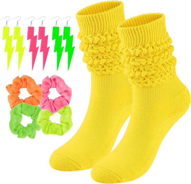 TRIITECH Store Neon Slouch Socks for Women, 80s 90s Scrunch Knee High Socks with Neon Earrings and Scrunchies for 80s 90s Party - Image 1